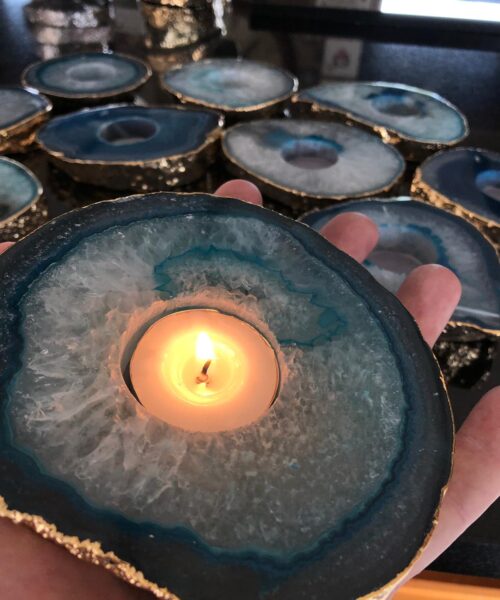 Large Teal Agate Slice Microcrystalline Quartz Gold Gilded 24ct Tealight Candle Holder Ornament Gift - Image 3