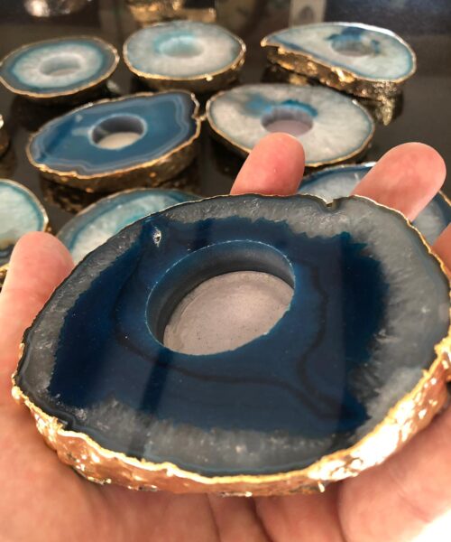 Large Teal Agate Slice Microcrystalline Quartz Gold Gilded 24ct Tealight Candle Holder Ornament Gift - Image 19
