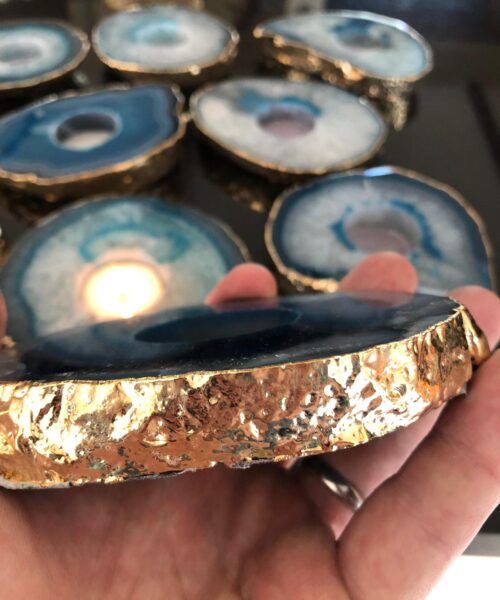 Large Teal Agate Slice Microcrystalline Quartz Gold Gilded 24ct Tealight Candle Holder Ornament Gift - Image 20