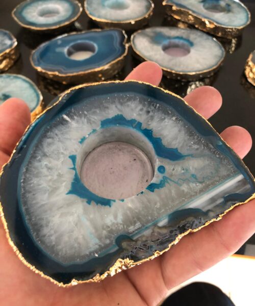 Large Teal Agate Slice Microcrystalline Quartz Gold Gilded 24ct Tealight Candle Holder Ornament Gift - Image 21