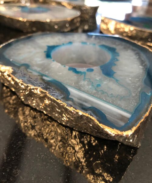Large Teal Agate Slice Microcrystalline Quartz Gold Gilded 24ct Tealight Candle Holder Ornament Gift - Image 22