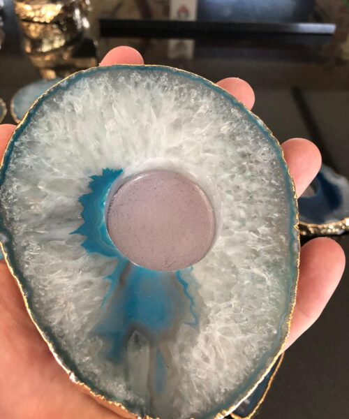 Large Teal Agate Slice Microcrystalline Quartz Gold Gilded 24ct Tealight Candle Holder Ornament Gift - Image 23