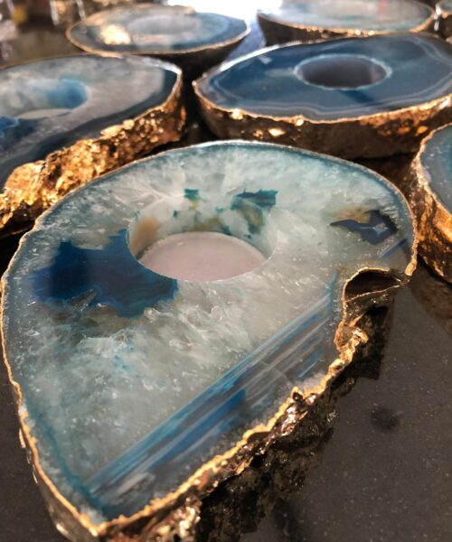 Large Teal Agate Slice Microcrystalline Quartz Gold Gilded 24ct Tealight Candle Holder Ornament Gift - Image 4