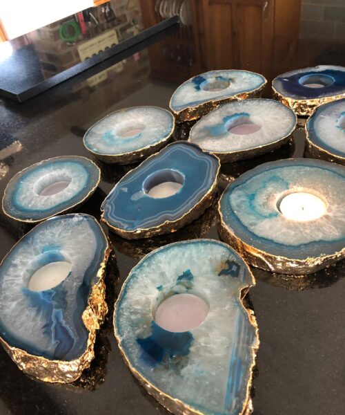 Large Teal Agate Slice Microcrystalline Quartz Gold Gilded 24ct Tealight Candle Holder Ornament Gift