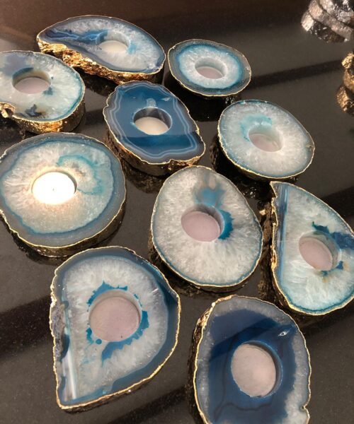 Large Teal Agate Slice Microcrystalline Quartz Gold Gilded 24ct Tealight Candle Holder Ornament Gift - Image 7