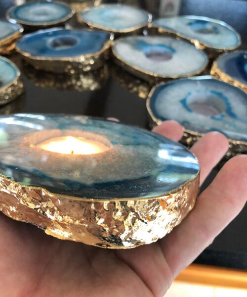 Large Teal Agate Slice Microcrystalline Quartz Gold Gilded 24ct Tealight Candle Holder Ornament Gift - Image 8
