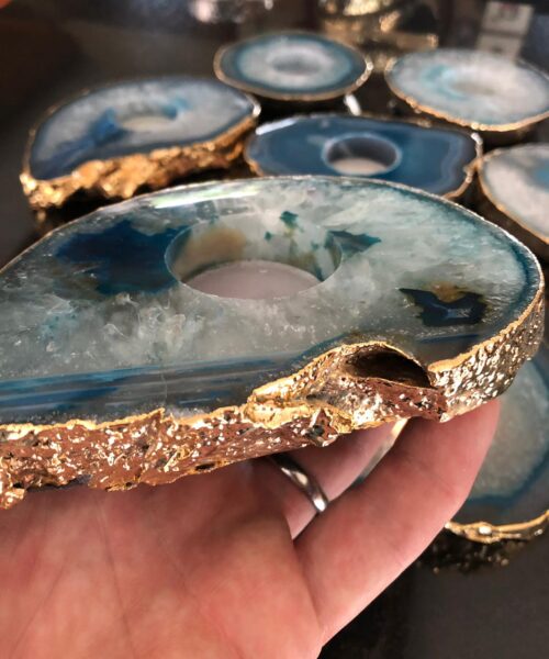 Large Teal Agate Slice Microcrystalline Quartz Gold Gilded 24ct Tealight Candle Holder Ornament Gift - Image 9