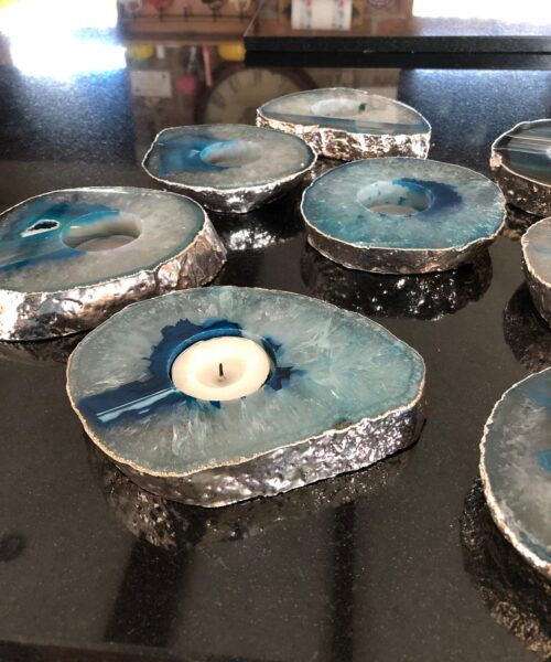 Large Teal Agate Slice Microcrystalline Quartz Silver Gilded Tealight Candle Holder Ornament Gift