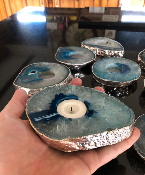 Alternative view of Large Teal Agate Slice Microcrystalline Quartz Silver Gilded Tealight Candle Holder Ornament Gift