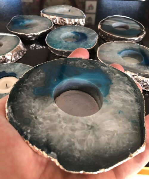 Large Teal Agate Slice Microcrystalline Quartz Silver Gilded Tealight Candle Holder Ornament Gift - Image 3