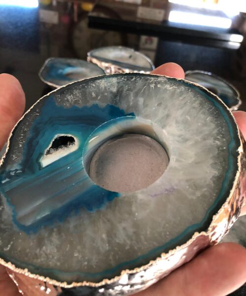 Large Teal Agate Slice Microcrystalline Quartz Silver Gilded Tealight Candle Holder Ornament Gift - Image 4