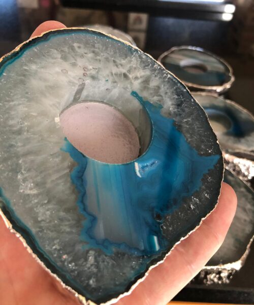 Large Teal Agate Slice Microcrystalline Quartz Silver Gilded Tealight Candle Holder Ornament Gift - Image 5