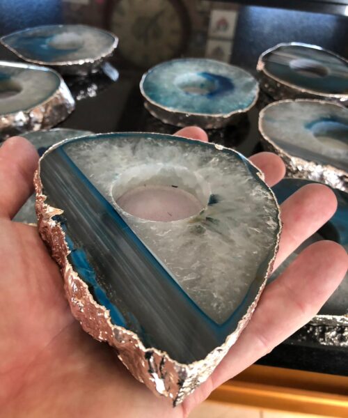 Large Teal Agate Slice Microcrystalline Quartz Silver Gilded Tealight Candle Holder Ornament Gift - Image 6