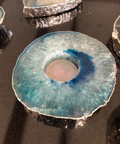 Large Teal Agate Slice Microcrystalline Quartz Silver Gilded Tealight Candle Holder Ornament Gift - Image 7