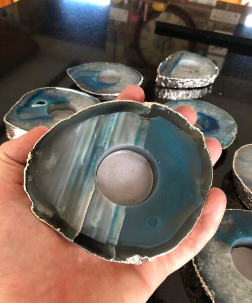 Large Teal Agate Slice Microcrystalline Quartz Silver Gilded Tealight Candle Holder Ornament Gift - Image 8
