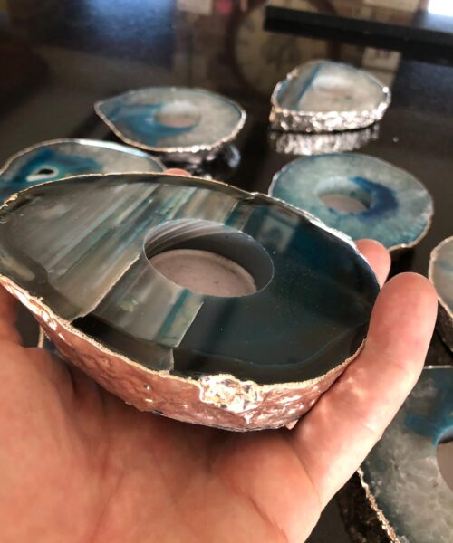 Large Teal Agate Slice Microcrystalline Quartz Silver Gilded Tealight Candle Holder Ornament Gift - Image 9