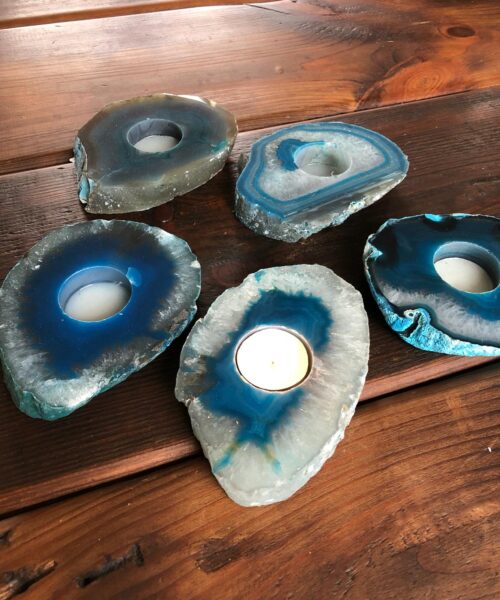 Large Teal Agate Slice Microcrystalline Quartz Tealight Candle Holder Ornament Gift