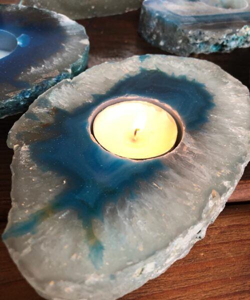 Large Teal Agate Slice Microcrystalline Quartz Tealight Candle Holder Ornament Gift - Image 3