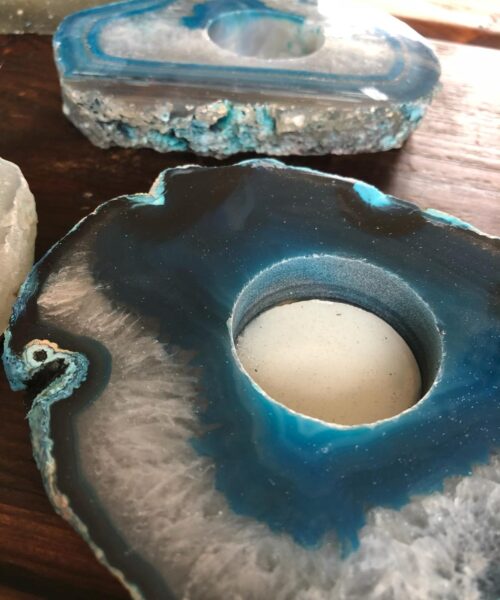 Large Teal Agate Slice Microcrystalline Quartz Tealight Candle Holder Ornament Gift - Image 4