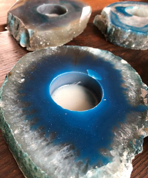 Large Teal Agate Slice Microcrystalline Quartz Tealight Candle Holder Ornament Gift - Image 5