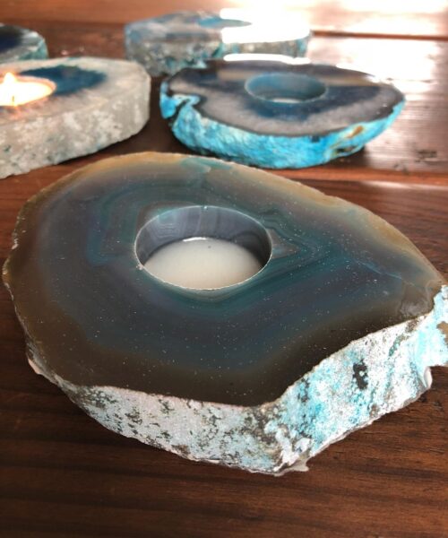 Large Teal Agate Slice Microcrystalline Quartz Tealight Candle Holder Ornament Gift - Image 6