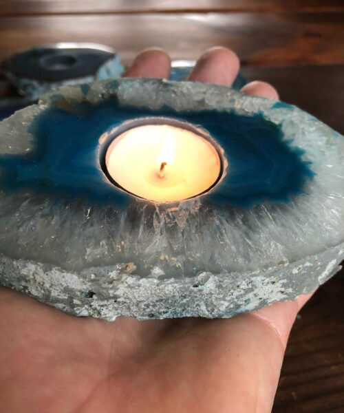 Large Teal Agate Slice Microcrystalline Quartz Tealight Candle Holder Ornament Gift - Image 7