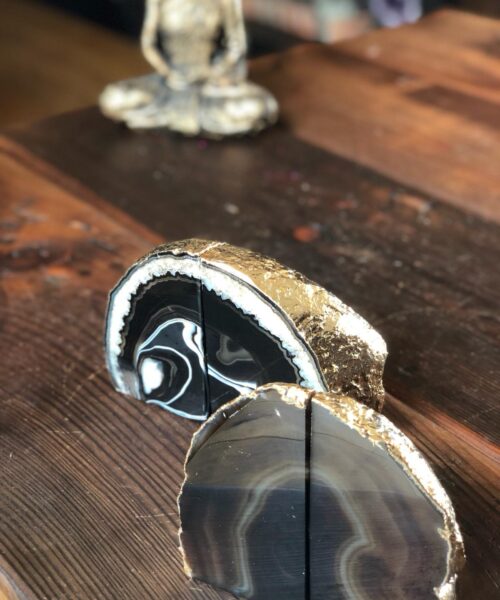 Black Agate 24ct Gold Edge Microcrystalline Quartz Premium Bookends Ornament Gift - Image 3