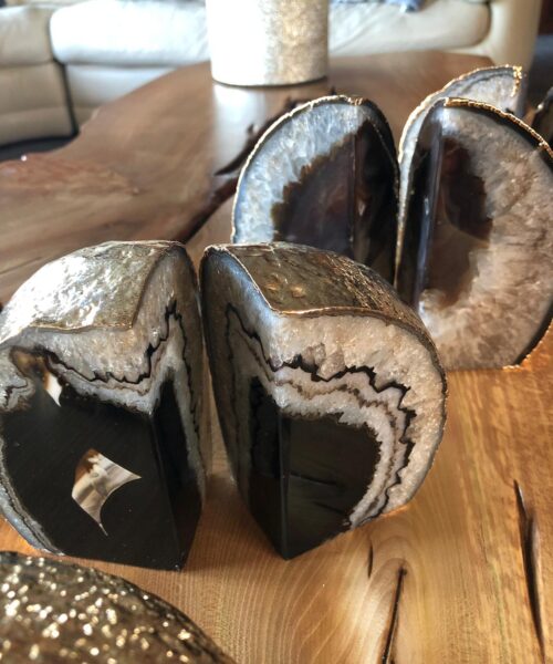 Black Agate 24ct Gold Edge Microcrystalline Quartz Premium Bookends Ornament Gift