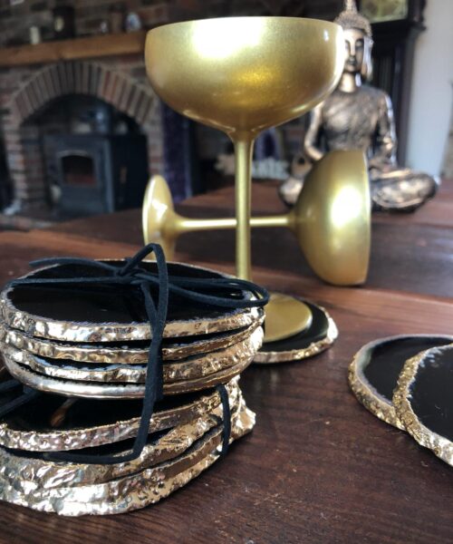 Black Agate 24ct Gold Edge, Gilded, Microcrystalline Quartz Premium Coasters (Set of 4) Gift