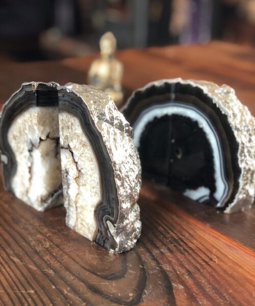Black Agate Silver Edge Microcrystalline Quartz Premium Bookends Ornament Gift