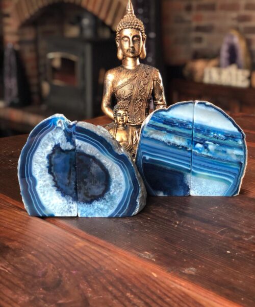 Blue Agate Natural Edge Microcrystalline Quartz Premium Bookends Ornament Gift
