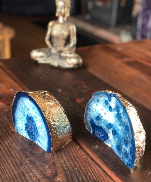 Blue Agate 24ct Gold Edge Microcrystalline Quartz Premium Bookends Ornament Gift