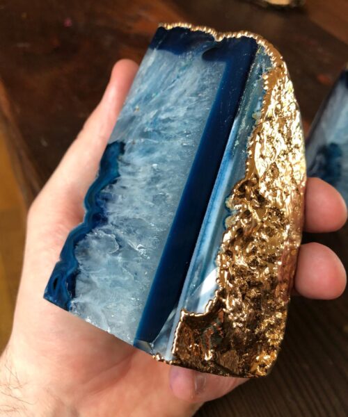 Blue Agate 24ct Gold Edge Microcrystalline Quartz Premium Bookends Ornament Gift - Image 7