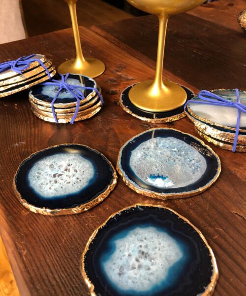 Blue Agate 24ct Gold Edge, Gilded, Microcrystalline Quartz Premium Coasters (Set of 4) Gift