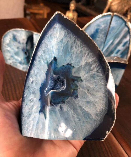 Blue Agate Silver Edge Microcrystalline Quartz Premium Bookends Ornament Gift - Image 14