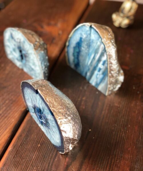 Blue Agate Silver Edge Microcrystalline Quartz Premium Bookends Ornament Gift