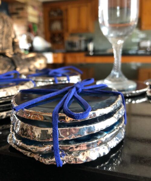 Blue Agate Silver Edge, Gilded, Microcrystalline Quartz Premium Coasters (Set of 4) Gift - Image 4