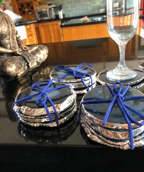 Blue Agate Silver Edge, Gilded, Microcrystalline Quartz Premium Coasters (Set of 4) Gift