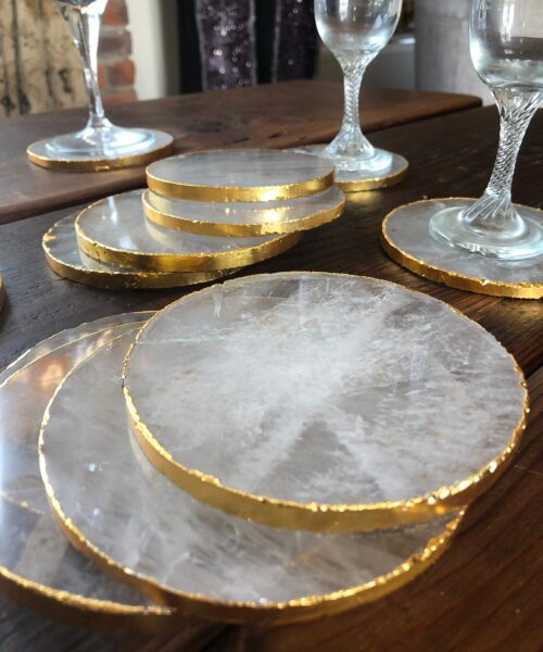 Alternative view of Clear Quartz Premium Coasters Circle Shape 24ct Gold Gilded Edge (set of 4)
