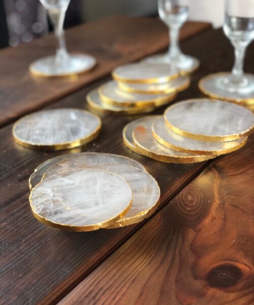 Clear Quartz Premium Coasters Circle Shape 24ct Gold Gilded Edge (set of 4) - Image 3
