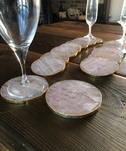 Rose Quartz Premium Coasters Circle Shape 24ct Gold Gilded Edge (set of 4) - Image 3