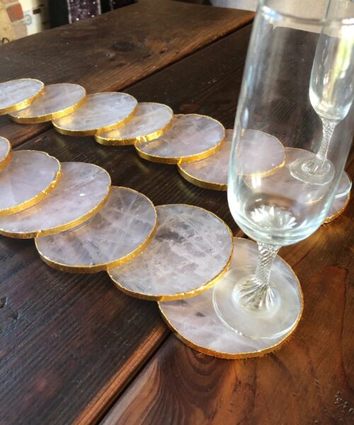 Rose Quartz Premium Coasters Circle Shape 24ct Gold Gilded Edge (set of 4)