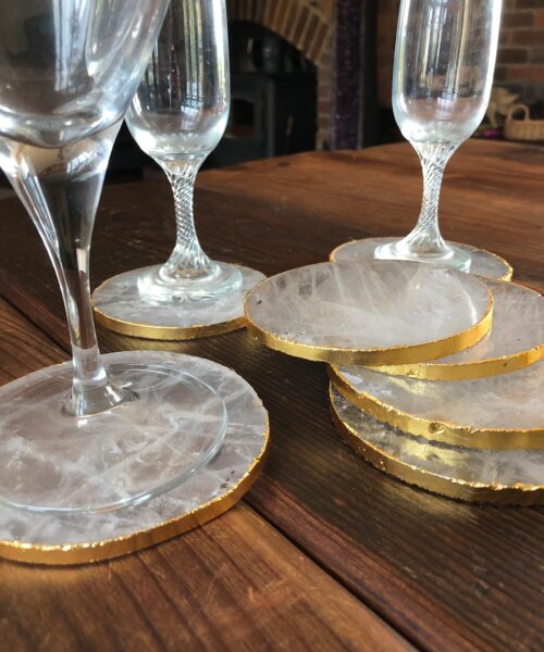 Clear Quartz Premium Coasters Circle Shape 24ct Gold Gilded Edge (set of 4)