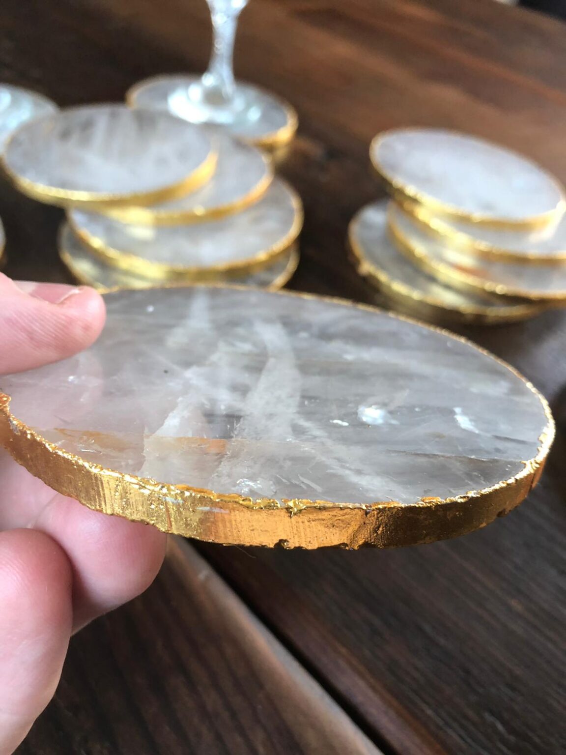 Clear, Quartz Coasters Circle Shape 24ct Gold Gilded Edge (set of 4)