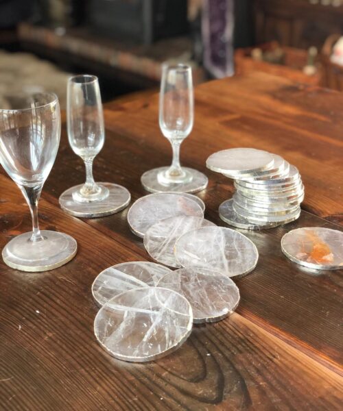 Clear Quartz Premium Coasters Circle Shape Silver Gilded Edge (set of 4)
