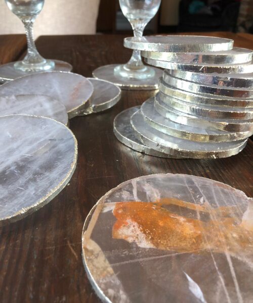 Clear Quartz Premium Coasters Circle Shape Silver Gilded Edge (set of 4) - Image 9