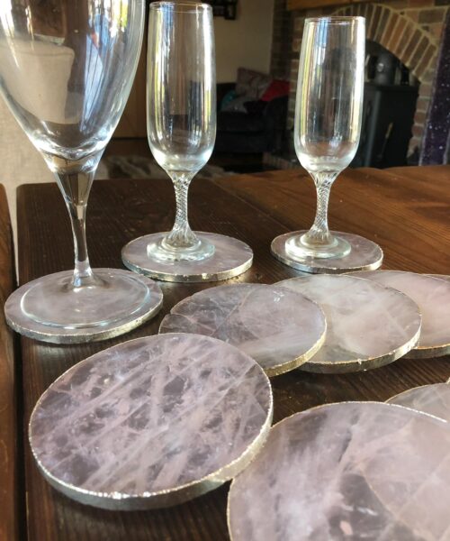 Rose Quartz Premium Coasters Circle Shape Silver Gilded Edge (set of 4) - Image 3