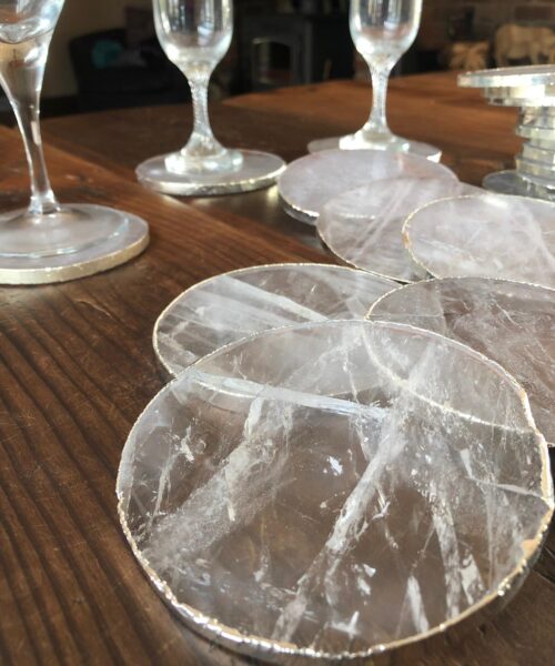 Clear Quartz Premium Coasters Circle Shape Silver Gilded Edge (set of 4) - Image 3
