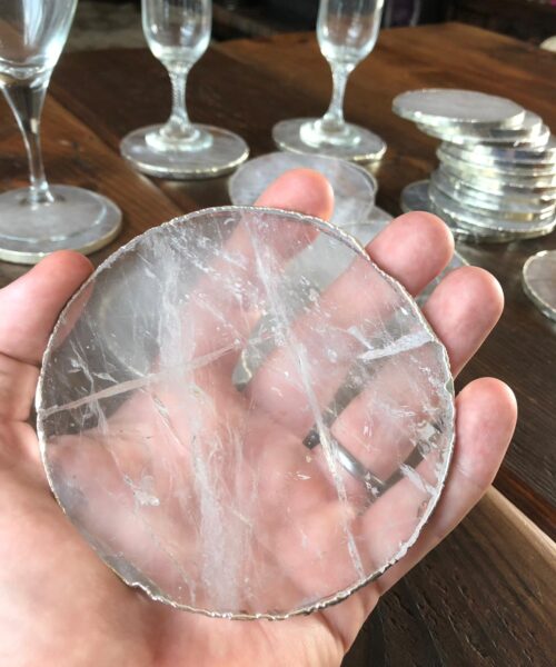 Clear Quartz Premium Coasters Circle Shape Silver Gilded Edge (set of 4) - Image 5