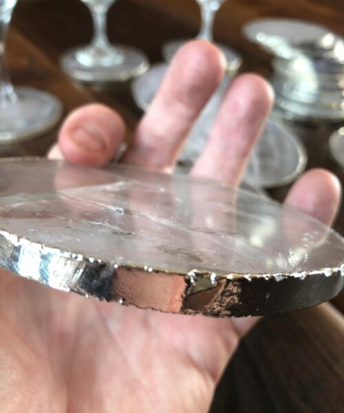Clear Quartz Premium Coasters Circle Shape Silver Gilded Edge (set of 4) - Image 6